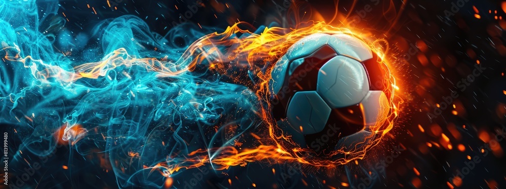 Fototapeta premium Soccer ball in action, The ball travels with lightning speed and glowing orange and blue effects, Football banner. Football Competition