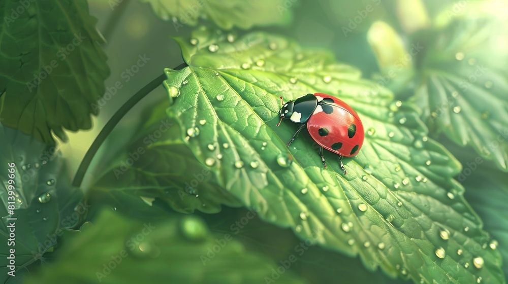 Obraz premium Cute ladybug on juicy green leaf . biodiversity