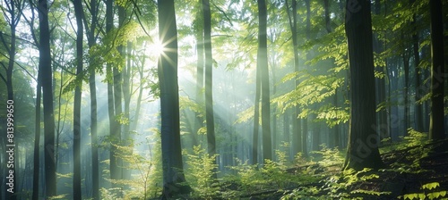A beautiful forest with tall trees and sunlight shining through the leaves  creating an enchanting scene of nature s beauty Generative AI