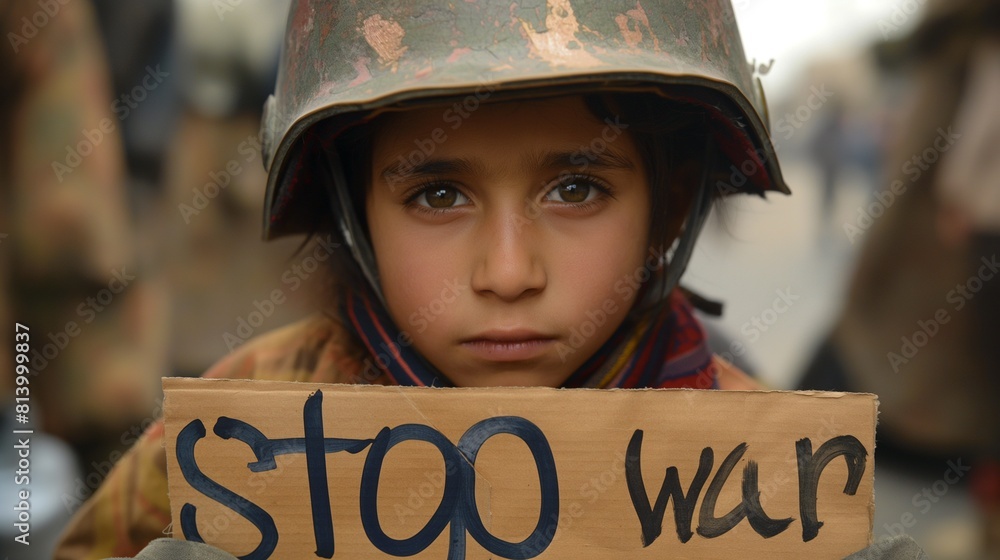 a child in a helmet stands against the backdrop of a destroyed city, in his hands he holds a cardboard with the inscription stop war, a child against war, an anti-war concept a child in a helmet stands against the backdrop of a destroyed city, in his hands he holds a cardboard with the inscription stop war, a child against war, an anti-war concept