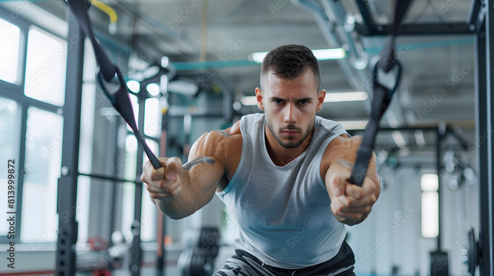 Fototapeta premium sport, fitness, lifestyle and people concept - young man flexing muscles on cable machine in gym