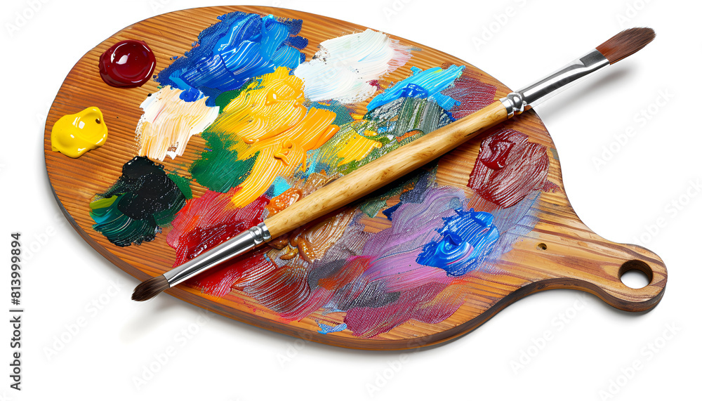 Close up of oil paint palette and brushes on white background Close up of oil paint palette and brushes on white background