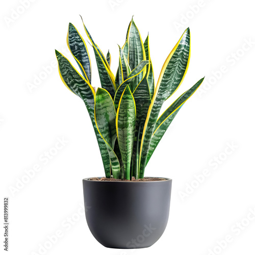 The image shows a snake plant in a pot. The plant has long, slender leaves with a dark green color and yellow edges. The pot is a dark gray color and is round.