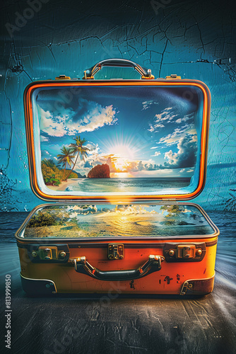 A travel suitcase containing an island landscape with a beach