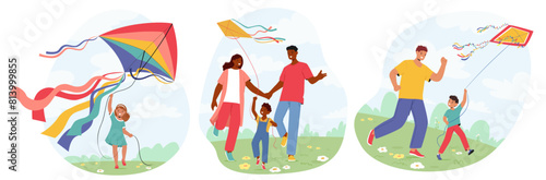 Multicultural Families Happily Engaging In Kite Flying In Lush Park. Each Scene Captures The Joy And Bonding Experience
