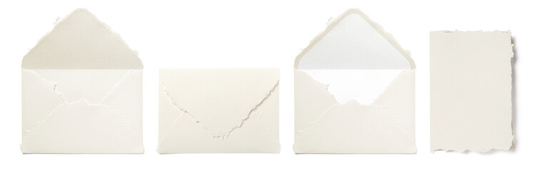 handmade deckle-edged paper stationery mockups, open and closed envelope, with and without liner, and folded card, isolated over a transparent background, DIN A6 (card) and DIN C6 (envelope), PNG