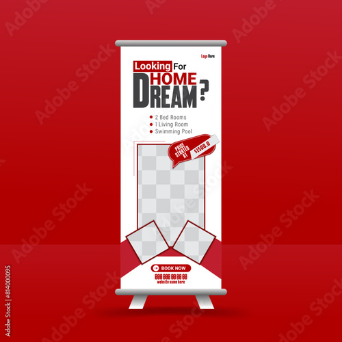 Real estate agency roll up banner design, standing banner, rollup banner template, advertisement, home sale rollup banner, luxuries home sale banner or pull up banner template. home rollup banner.  
