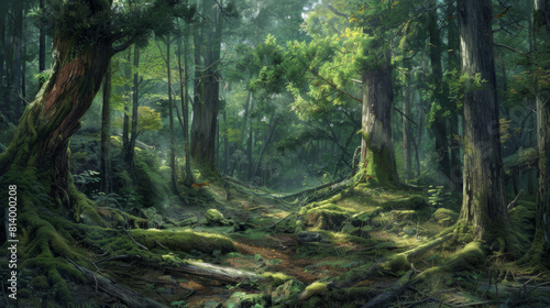A tranquil forest clearing  with moss-covered logs scattered among the towering trees  inviting viewers to explore and unwind.