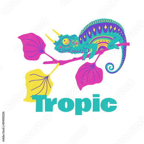 Cute colorful spotted chameleon with horns on branch with leaves vector cartoon poster, tropical exotic lizard guana