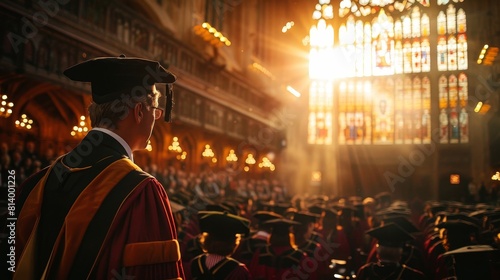 Graduates listening intently as an dean gives a speech on stage during a ceremony, proud graduates receiving awards on a platform as the sun beams through stained glass, accomplished, education, photo