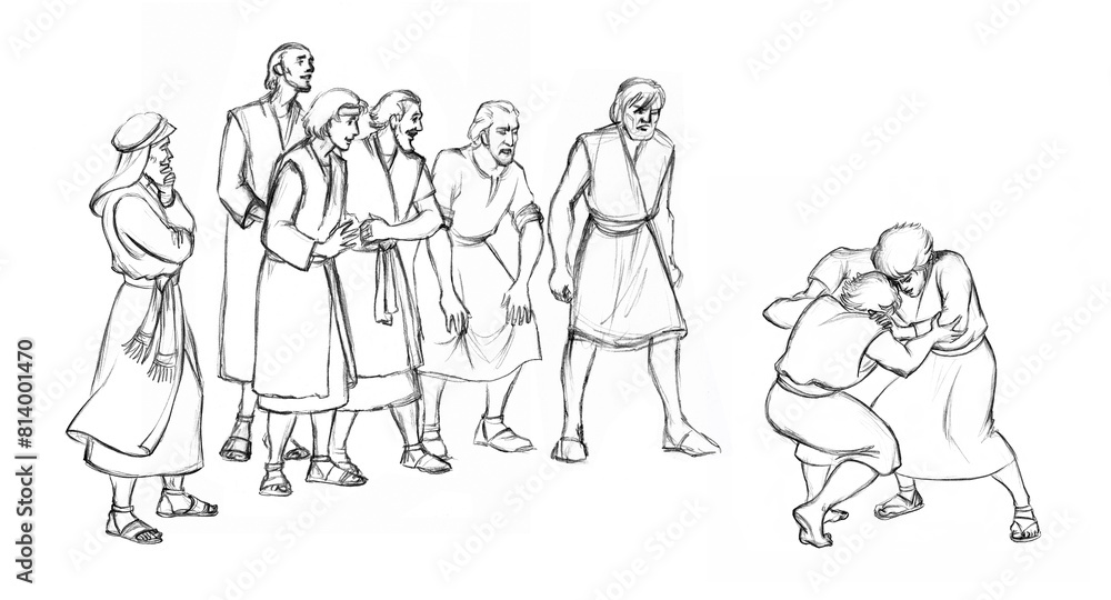 Pencil drawing. The men caught the guy and are leading him Pencil drawing. The men caught the guy and are leading him