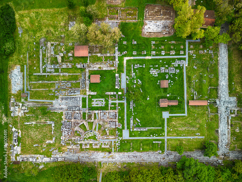 Drone view Ruins of Roman and early Byzantine city of Nikopolis ad Istrum. Archaeological reserve 'Nicopolis ad Istrum'. Veliko Tarnovo. Bulgaria.
 photo