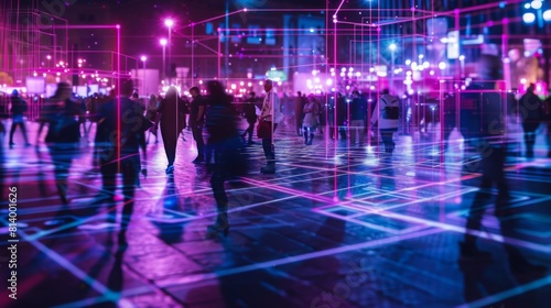 People stroll through a city square illuminated by vibrant neon lights at night, creating a lively atmosphere.