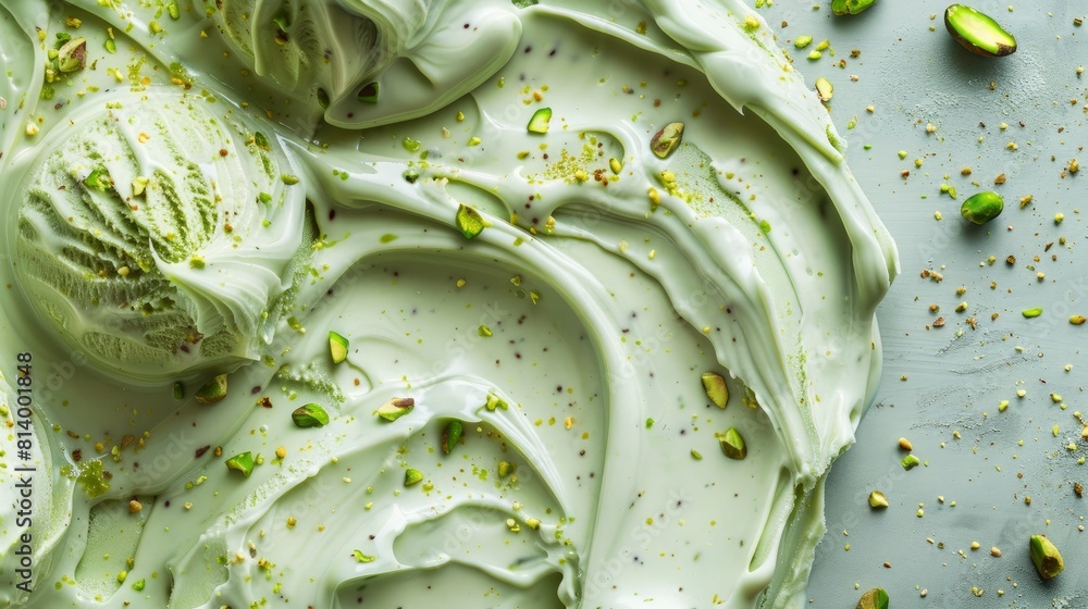 Obraz premium Pistachio Ice cream food photo, close up, top view, free space left generative ai