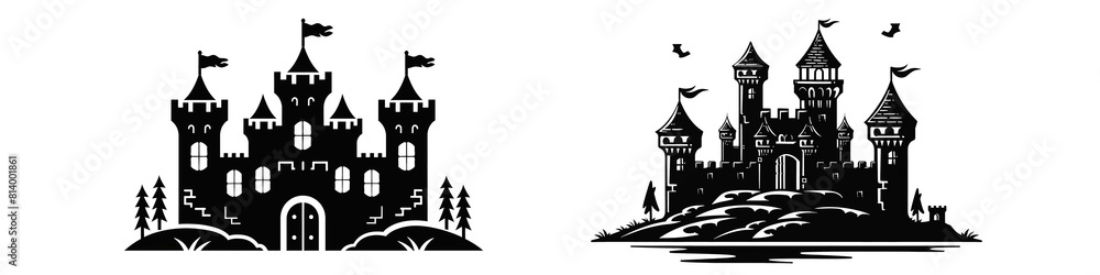 black and white castle silhouette png set
