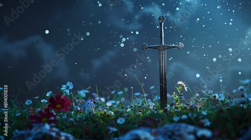 night sky, stars, ultra-realistic templar sword on the ground, flowers and grass photo