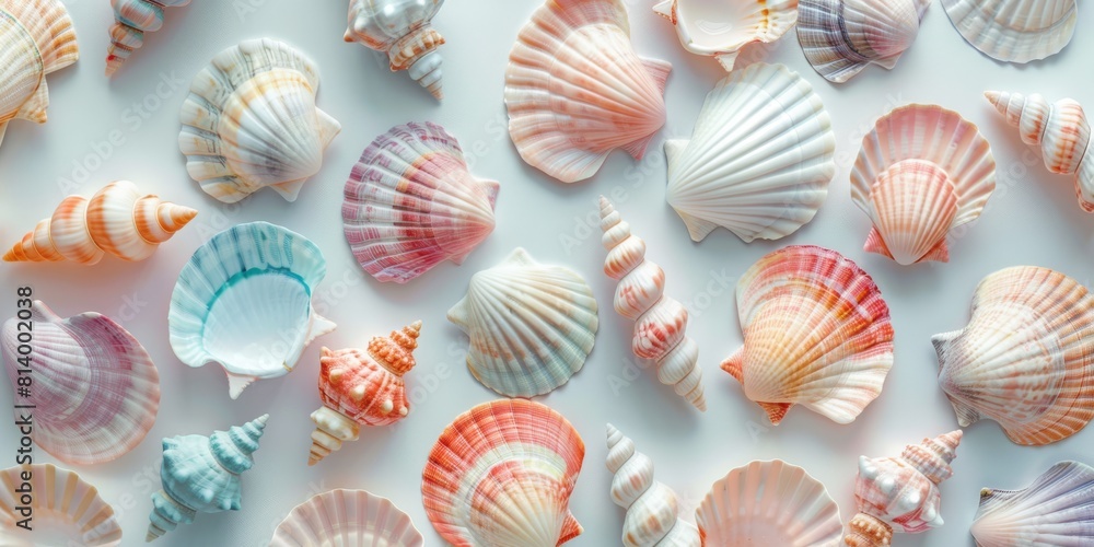 A collection of vibrant sea shells arranged symmetrically on a white surface, showcasing natural beauty and intricate patterns in electric blue, magenta, and other hues. High quality photo A collection of vibrant sea shells arranged symmetrically on a white surface, showcasing natural beauty and intricate patterns in electric blue, magenta, and other hues. High quality photo