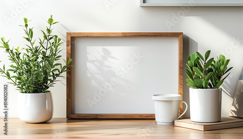 Frame mockup with a white blank card and a potted plant on a clean desk, ideal for stationery or home office settings © owen
