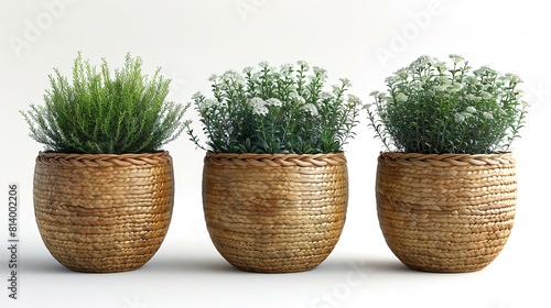 Three wicker pots with white flowers on a white background