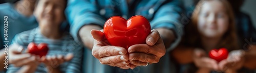 People of various ages holding a red heart together, symbolizing unity and love in community or family settings