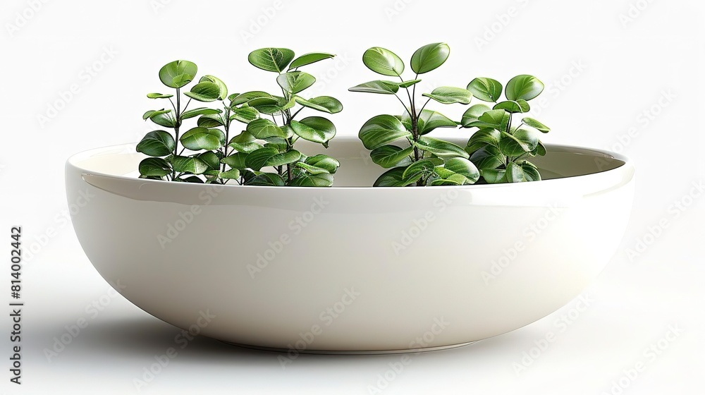 Photo of a ceramic bowl with green plants on a white background
