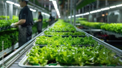 Fresh vegetable. Staff pack hydroponic vegetable in wooden box. vegetable in conveyor line. healthy food