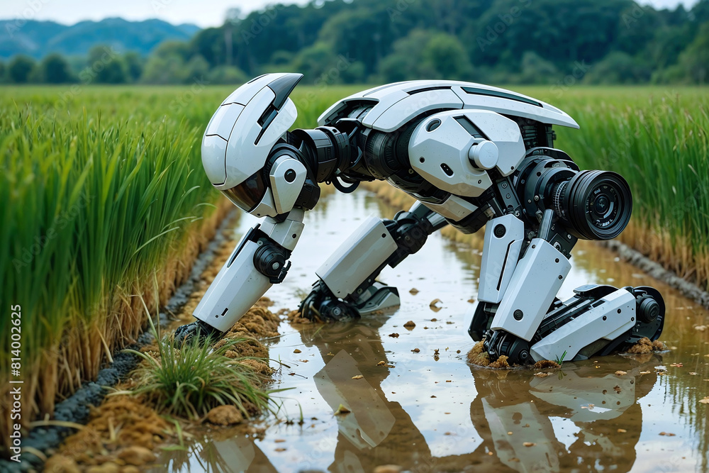 Robot kneeling on ground planting rice in a padi field. A humanoid doing labor intensive work clearing and preparing farm land to plant crops. Concept on future of technology in agriculture farming. Robot kneeling on ground planting rice in a padi field. A humanoid doing labor intensive work clearing and preparing farm land to plant crops. Concept on future of technology in agriculture farming.