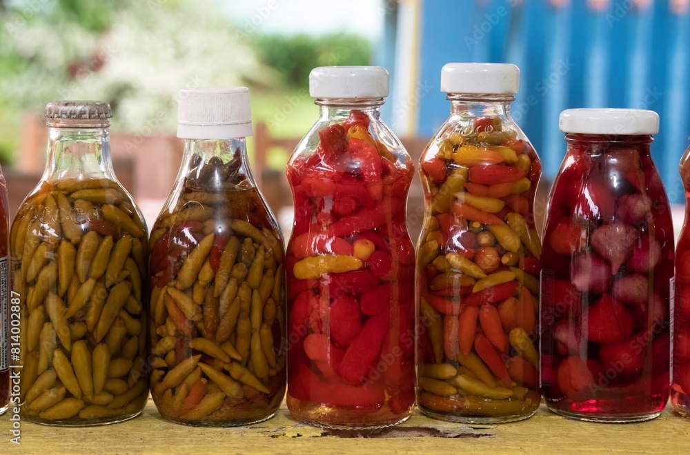 Molhos de pimenta em garrafas de vidro, feitos artesanalmente, expostos para venda. Molhos de pimenta em garrafas de vidro, feitos artesanalmente, expostos para venda.