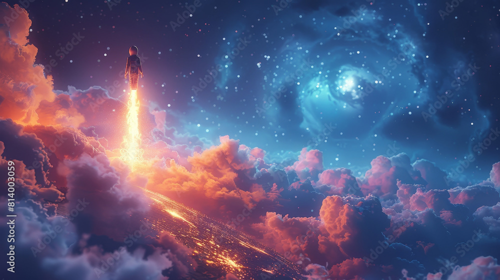 A rocket ascends triumphantly, piercing a vibrant twilight sky, bound for the swirling galaxy beyond. A rocket ascends triumphantly, piercing a vibrant twilight sky, bound for the swirling galaxy beyond.