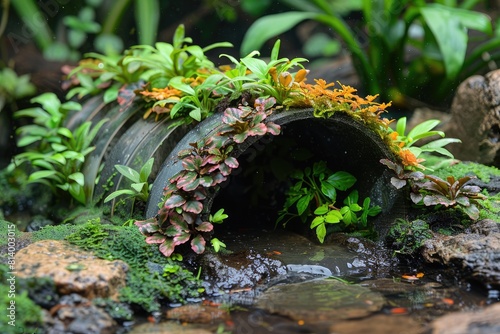 Terrestrial plants growing on wooden pipe in natural environment