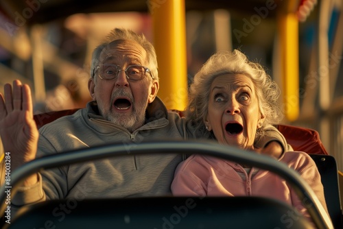 Senior Friends Enjoying Thrilling Roller Coaster Ride © Nuttakarn