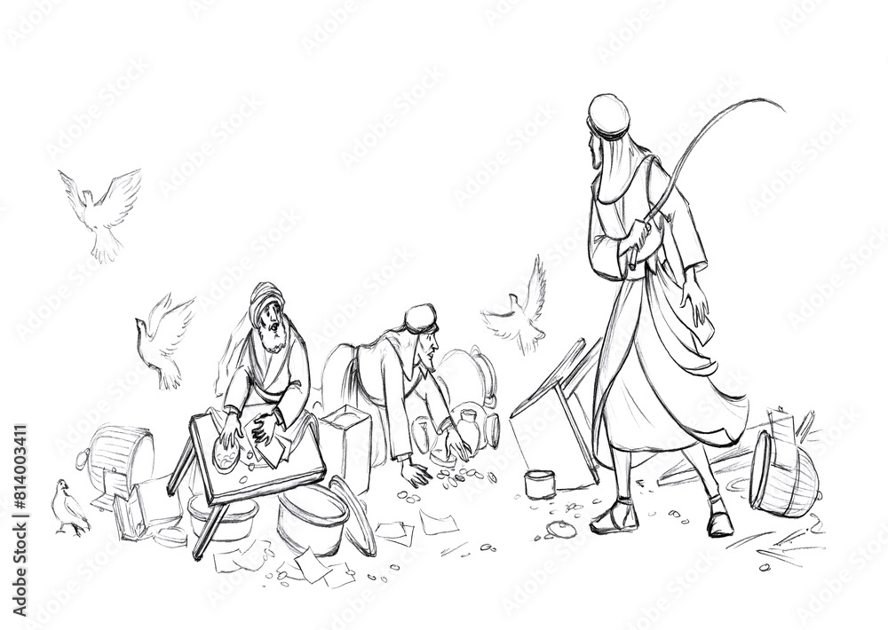 Obraz premium Jesus drives the sellers out of the temple. Pencil drawing