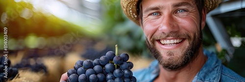 Man in sun hat with beard holding seedless grape bunch  smiling photo