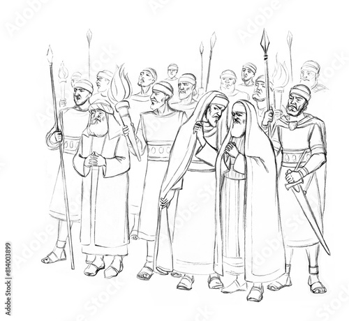 Pharisees and high priests with soldiers in Gethsemane. Pencil drawing