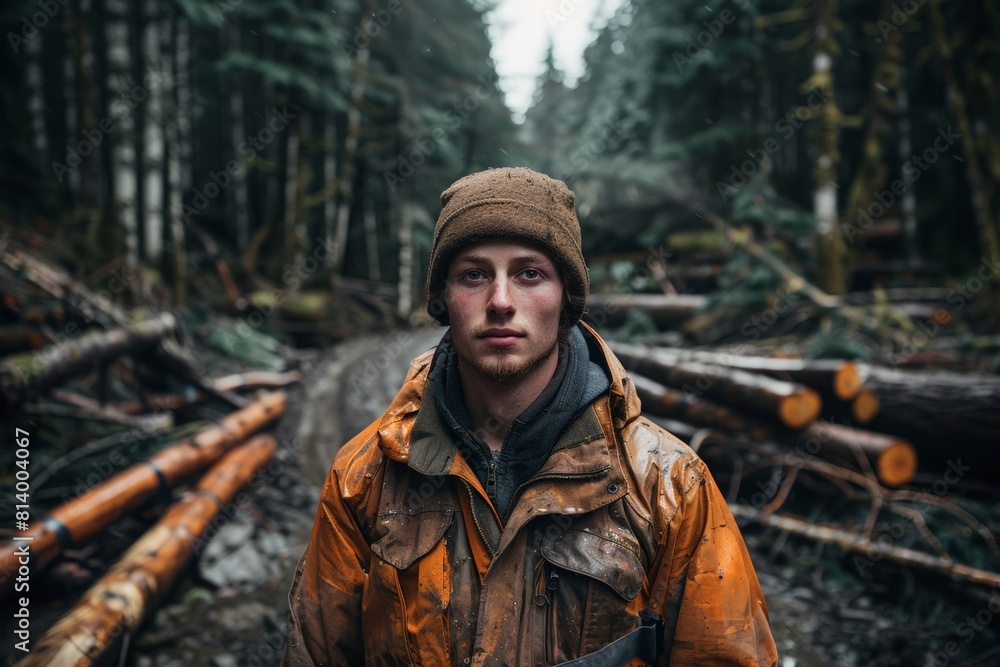 Young Caucasian male in brown hat, reflective gaze, orange, mud-spattered jacket, standing on muddy forest road lined with logs, embodies resolve, weariness after labor. Young Caucasian male in brown hat, reflective gaze, orange, mud-spattered jacket, standing on muddy forest road lined with logs, embodies resolve, weariness after labor.
