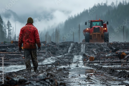 Man in red jacket, back to camera, surveys charred landscape under grey sky, rain falling. Ahead, red tractor stands amid downed logs, evoking desolation and ongoing recovery in timberland... photo