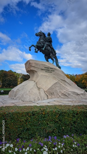 Bronze Horseman Statue against Blue Sky