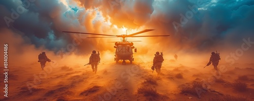 Military helicopter landing in an orange haze photo