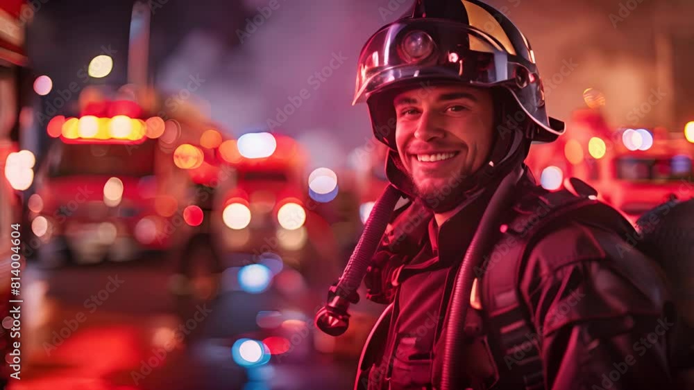 male firefighter in full gear, beaming with pride against a backdrop of fire trucks male firefighter in full gear, beaming with pride against a backdrop of fire trucks