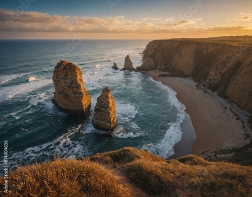 Indulge in the beauty of coastal landscapes with our image of rugged cliffs and sandy beaches bathed in the warm light of dawn