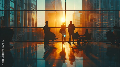 An office meeting silhouette in a cinematic office with big windows and sunset view