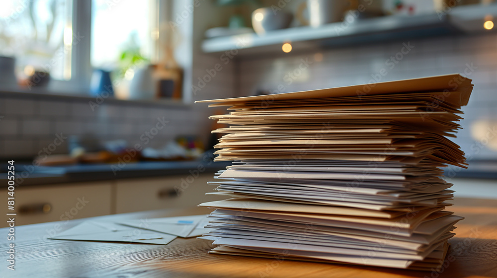 A stack of brown cardboard folders on a wooden table in front of a blurry background of a home kitchen. A stack of brown cardboard folders on a wooden table in front of a blurry background of a home kitchen.