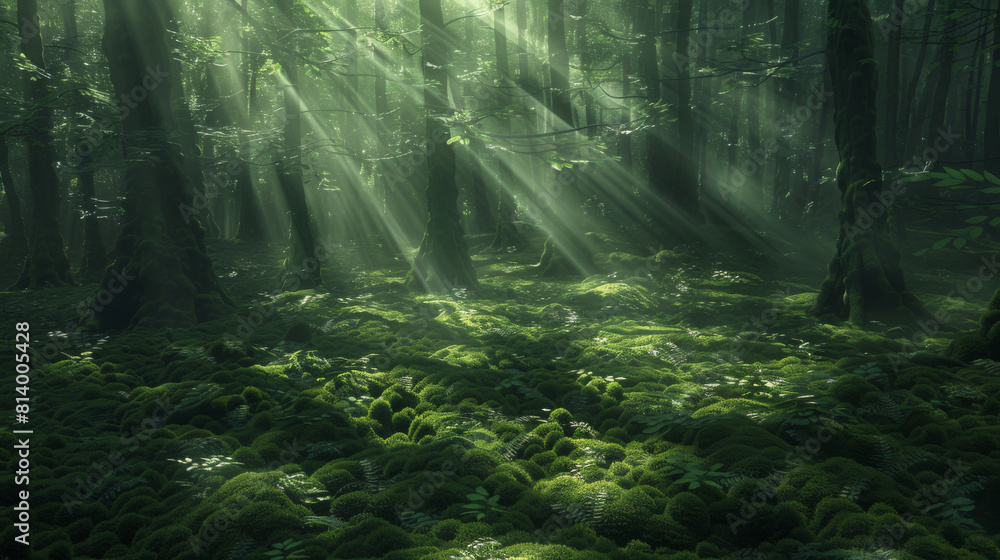 Sunlight filtering through the dense canopy of an ancient forest, casting dappled shadows on the velvety carpet of moss below.