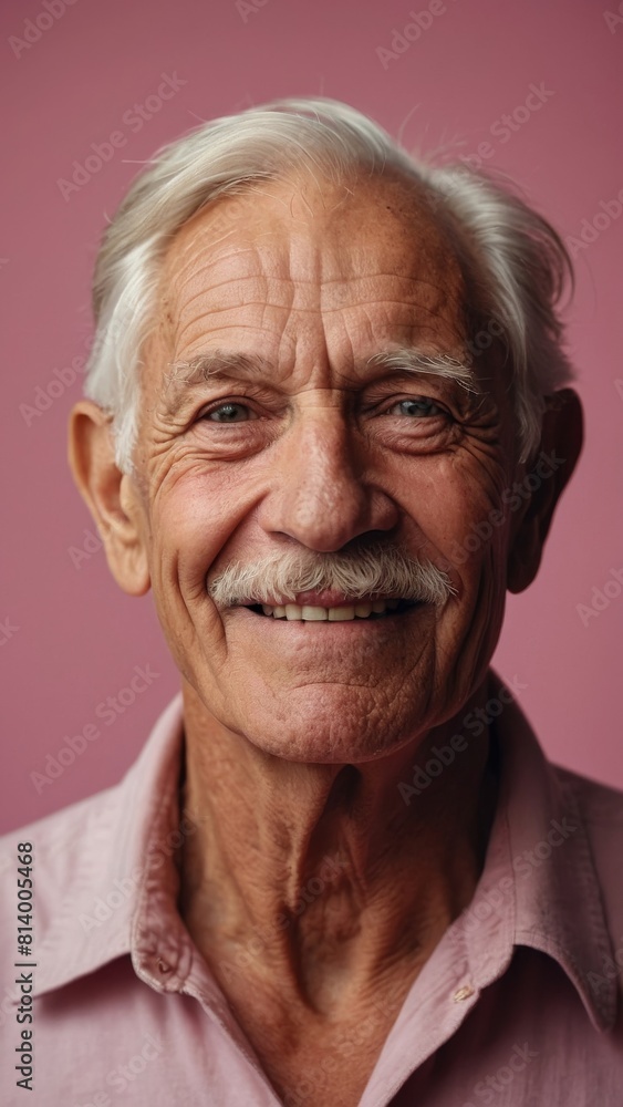 Gray-haired elderly man in stylish club clothes on a pink background. Gray-haired elderly man in stylish club clothes on a pink background.