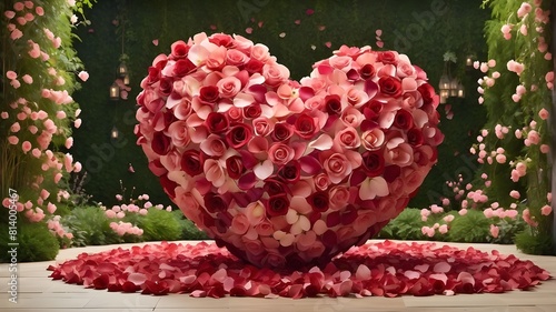 A vibrant, larger-than-life heart made of delicate rose petals, surrounded by a sea of lush greenery. photo