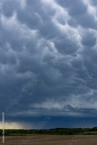 Mammatus clouds from an approaching storm in vertical format. 