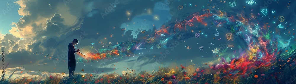 A surreal scene of a poet writing verses that transform into abstract visual symbols in the air Style Poetic abstraction, Color Soft pastels, Technique Digital art A surreal scene of a poet writing verses that transform into abstract visual symbols in the air Style Poetic abstraction, Color Soft pastels, Technique Digital art