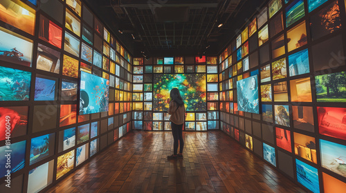 The photo shows a person standing in a room with many screens showing different images