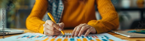 A teacher reviewing a B2C marketing textbook with practical examples, preparing lesson plans Style Study session, Color Warm, inviting tones, Technique Photography