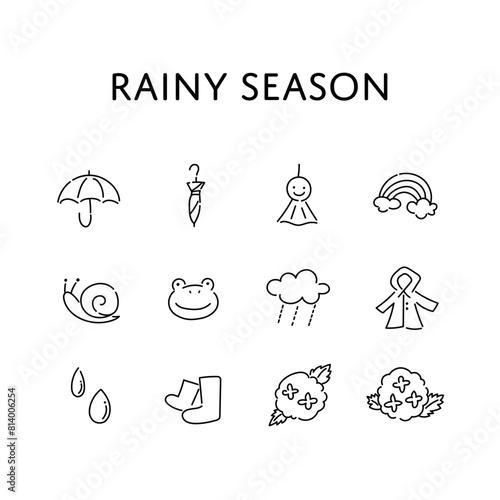 手描きのシンプルな梅雨のイラストセット
